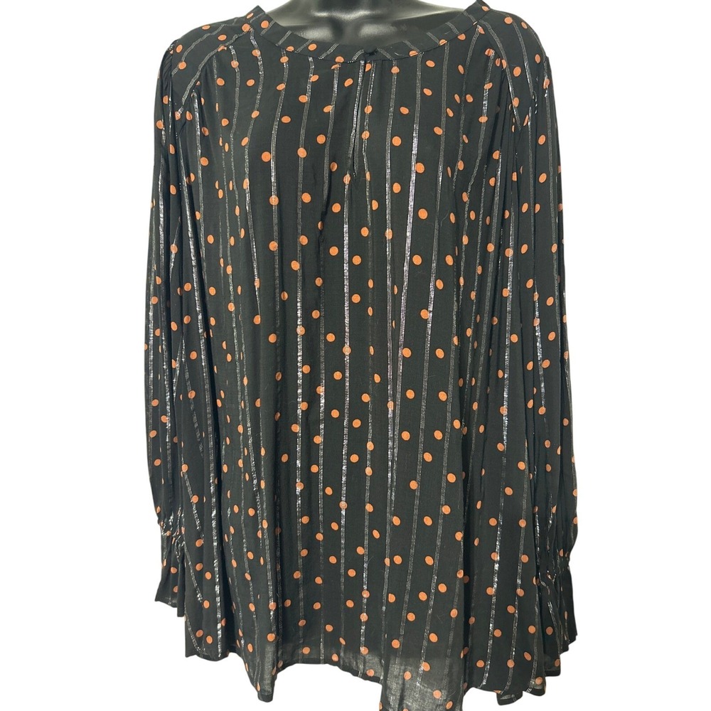 Lane Bryant Blouse Women's 20 Black Orange Polka Dot Silver Metallic Stripe Top